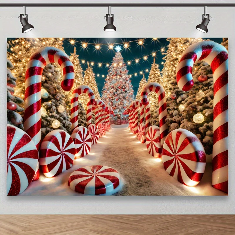 2D flach, 1 Stück Weihnachts-Zuckerstangen-Pfad aus Polyester-Hintergrundstoff, Bäume und Zuckerstangen, perfekte Weihnachtsdekoration