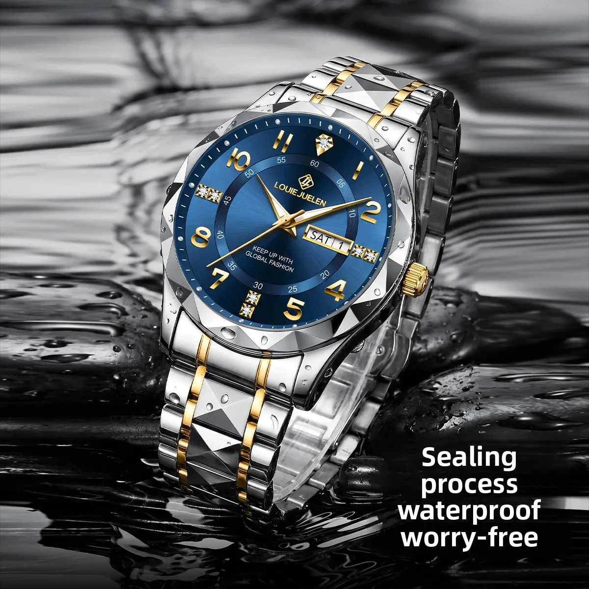 LOUIEJUELEN Men Luxury Green Dial Crystal Dual Calendar Two-tone Steel Waterproof Business Quartz Male Dress Watch Birthday Gift