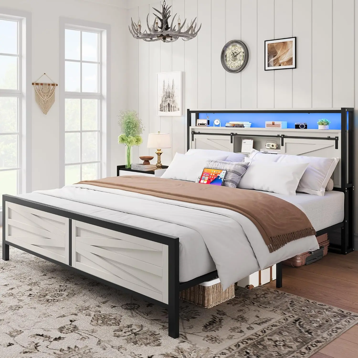 Farmhouse Queen Bed Frame with Storage Bookcase Headboard, Platform Bed Frame with LED Lights and Charging Station (White)