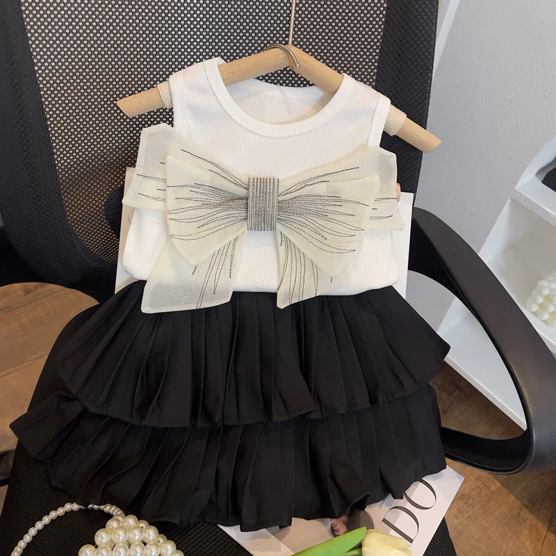 

2024Summer Girls' Fashionable Bow Hemming Vest Suit Skirt Children Cake Pleated Skirt Two-Piece Set