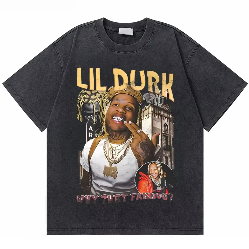 Washed Vintage Rapper Lil Durk Graphic T-shirts Men Hip Hop Casual T-shirt Male Cotton Oversized Tshirt Men's Fashion Streetwear