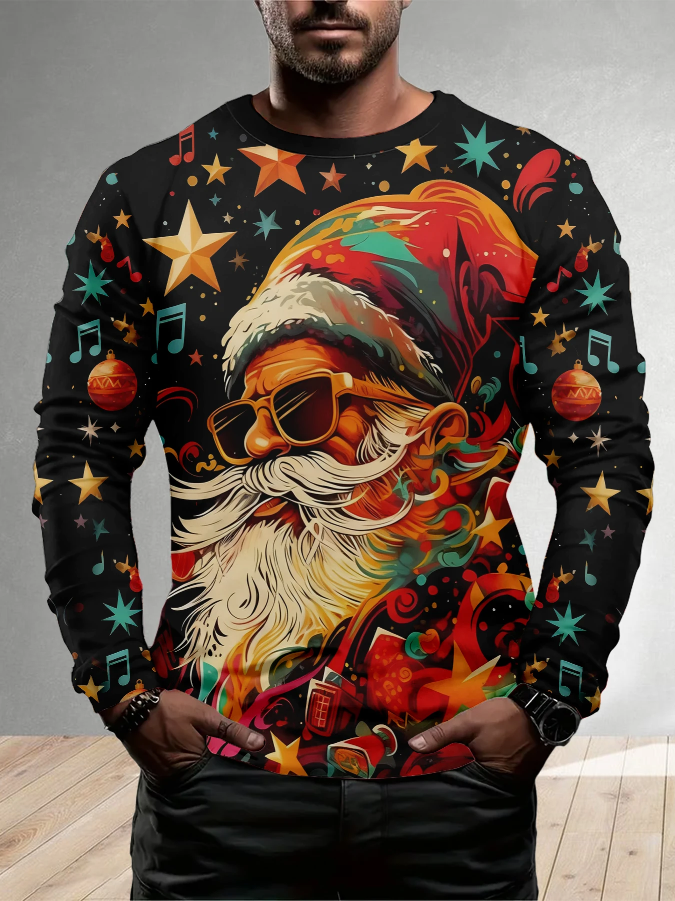 

Fun Christmas Elements Men's Long-sleeve T-shirt 3D Colourful Santa Claus Print Y2k Pullover Street Hip Hop Party Men Clothing