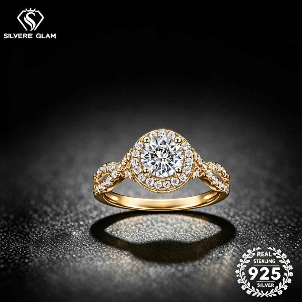 1CT 925 Sterling Silver Round Halo Twisted Split Shank Ring D VVS1 Moissanite Multi Tone Romantic Promise Fine Jewelry For Women