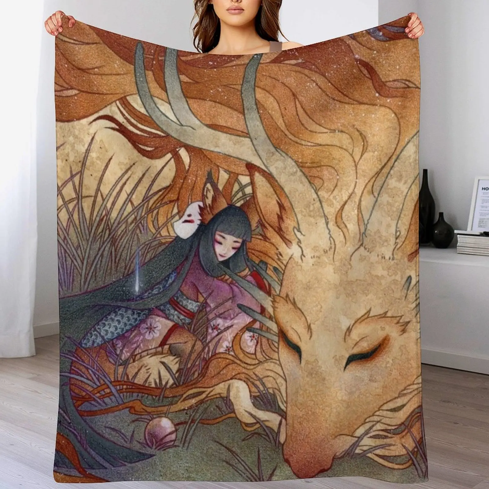 

Slumbering Kitsune and Dragon Throw Blanket Comforter Vintage Flannel Fashion Sofas Blankets