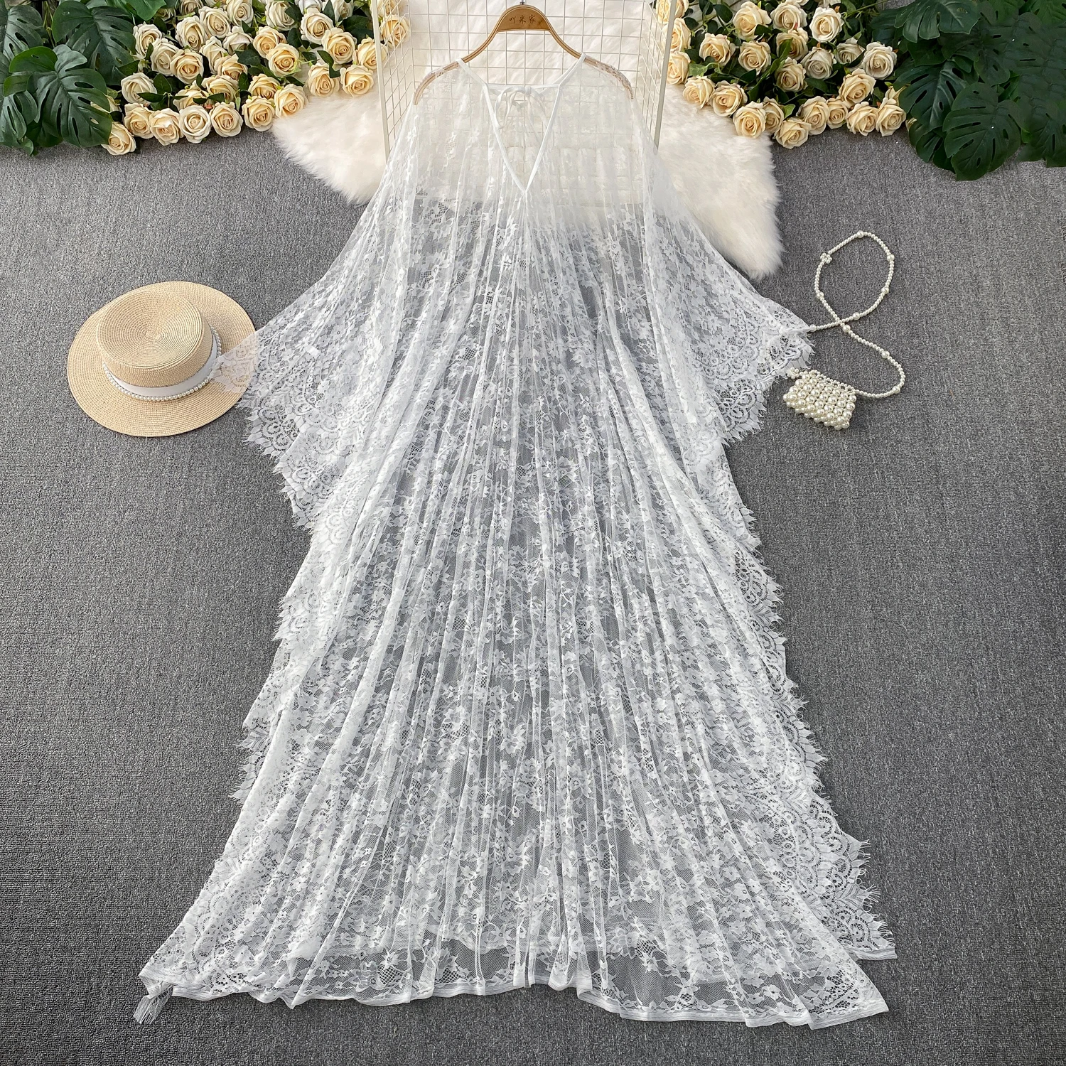 

Female Summer Tropical Beach Holiday Bikini Covers Up Long Dress Women Thin Sexy Sundress Lace Loose Romantic Long Boho Dresses