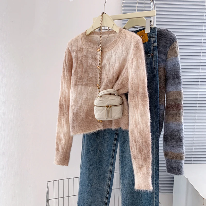 Gradient Color Crewneck Woman for 2024 Autumn WinterFried Dough Twists Sweater Korean Chic Lady Knitted Cardigan Female Jackets