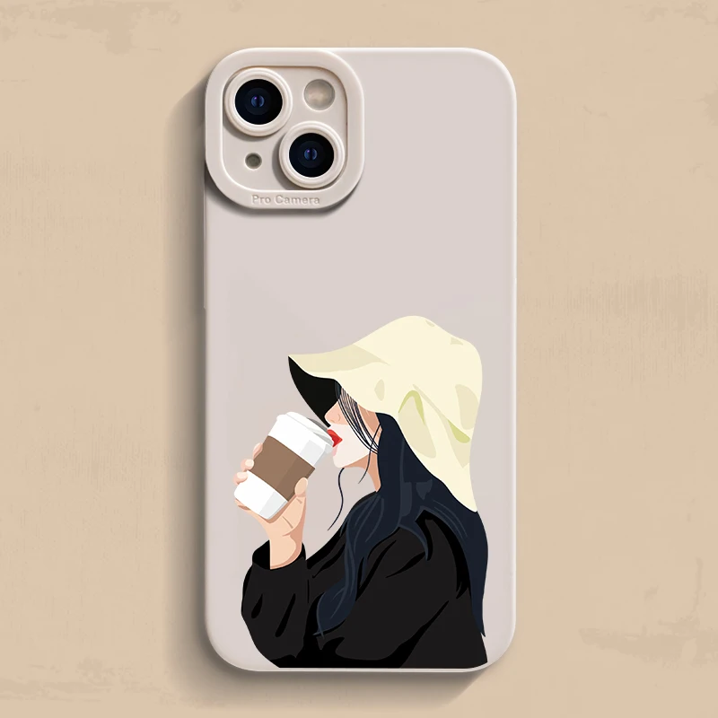 

Coffee Drinking Girl Phone Case For iPhone 17 16 15 14 13 12 11 Pro Max 17 Pro 11 Pro 14 15 16 Plus 16E XR XS X SE Matte Cover
