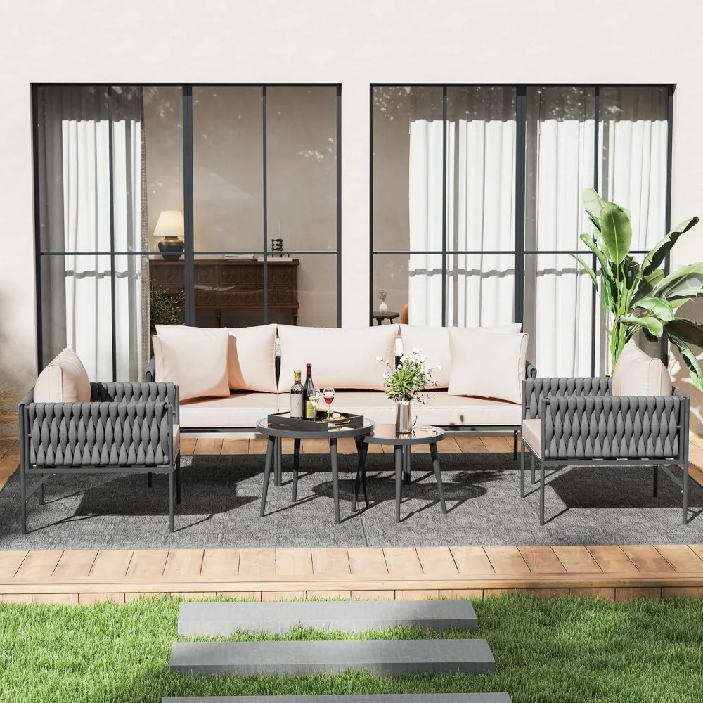 

"7-Piece Outdoor Patio Furniture Set with Rope Woven and Deep Seating, Including a 5-Seat Sofa and Two Additional Chairs"