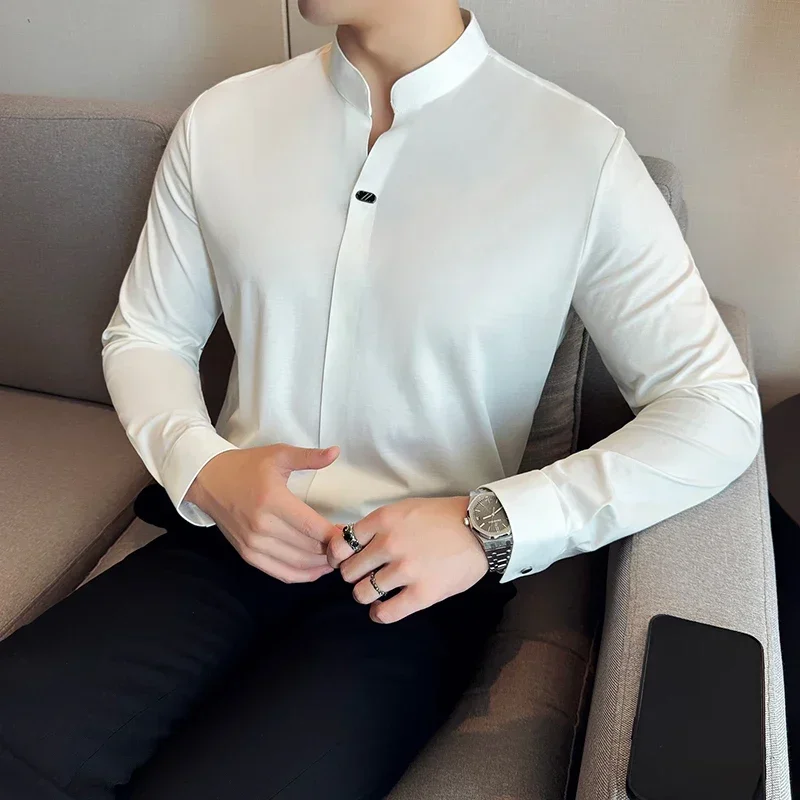 

Men's High-End Elasticity Traceless Lapel T-shirt, Brown Slim Top, New Chinese Stand Collar Long Sleeve Polo Shirt