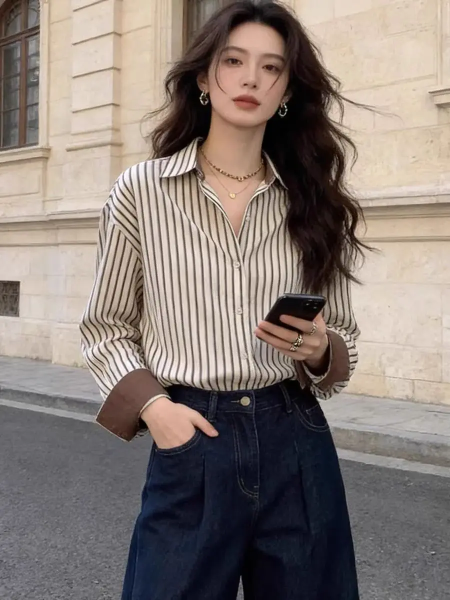 

Spring Summer Women's New Patchwork Polo Collar Button Striped Fashion Loose Minimalist Casual Loose Long Sleeved Shirts Trendy