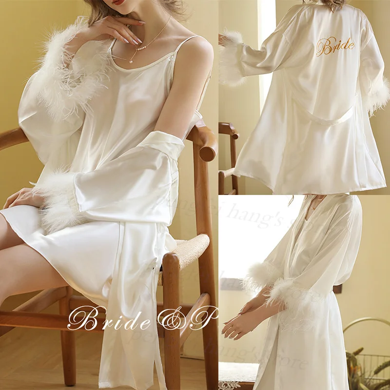 Bride Wedding Robe Rayon Kimono Bathrobe Women's Homewear Sexy Feather Sleeve Nightgown Short Intimate Lingerie Loungewear