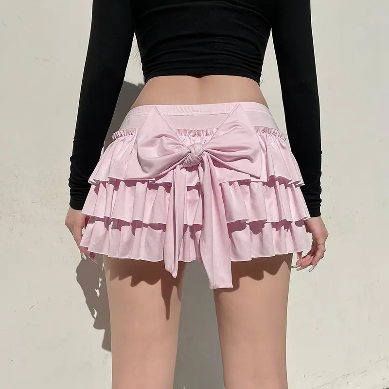 Deeptown Coquette Pink Sexy Mini Skirt Women Ruffle Bow Sweet Kawaii Layered Short Skirt Lolita Pleated Solid Y2k Casual Skirts