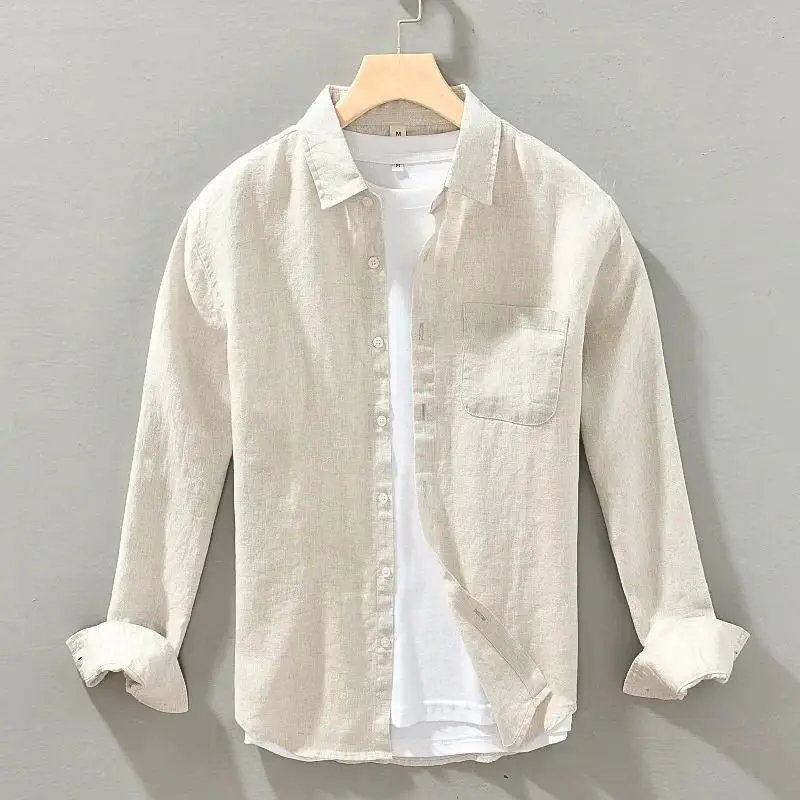Men's Summer Linen Shirt 2024 Long Sleeve Thin  Collar Fleece Lined Thickened Special Wide Fit Autumn Clothing