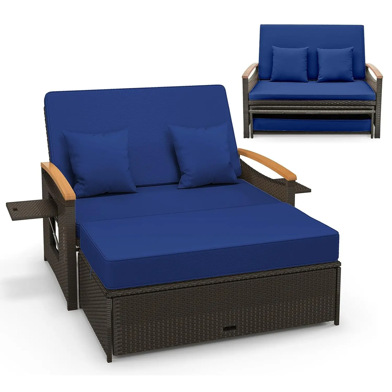 Moccha Outdoor Wicker Daybed, Patio Rattan Loveseat Sofa w/ 4-Level Adjustable Backrest, Folding Panels, Storage Ottoman