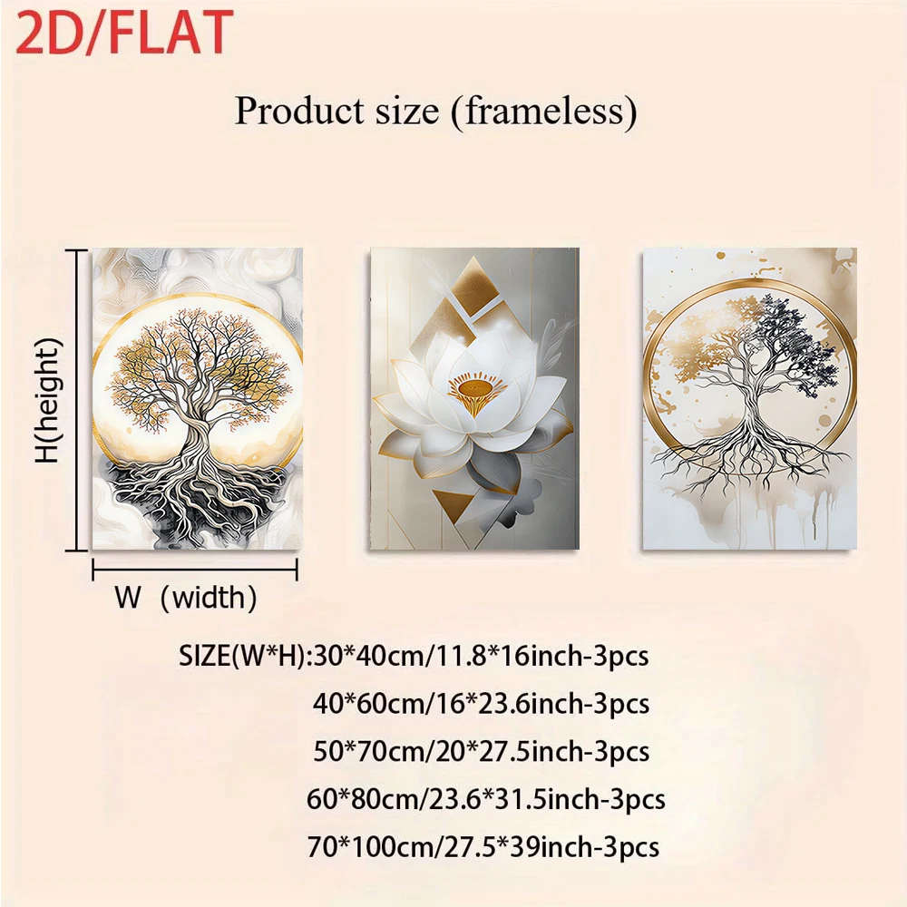 1 set of modern minimalist three-panel frameless decorative paintings, abstract lotus and money tree light luxury wall art, 2D f