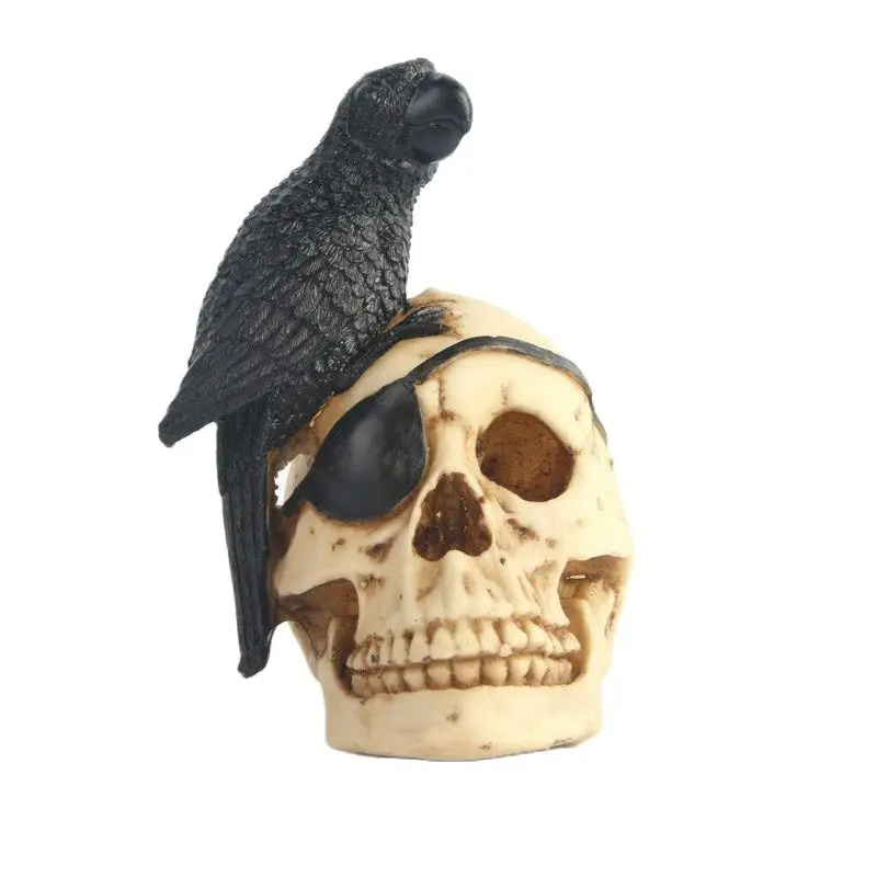 BUF Black Parrot Pirate Skull Statue, Resin Crafts, Dark Style, Home Decoration, Halloween Party Decor, Ornaments Gifts