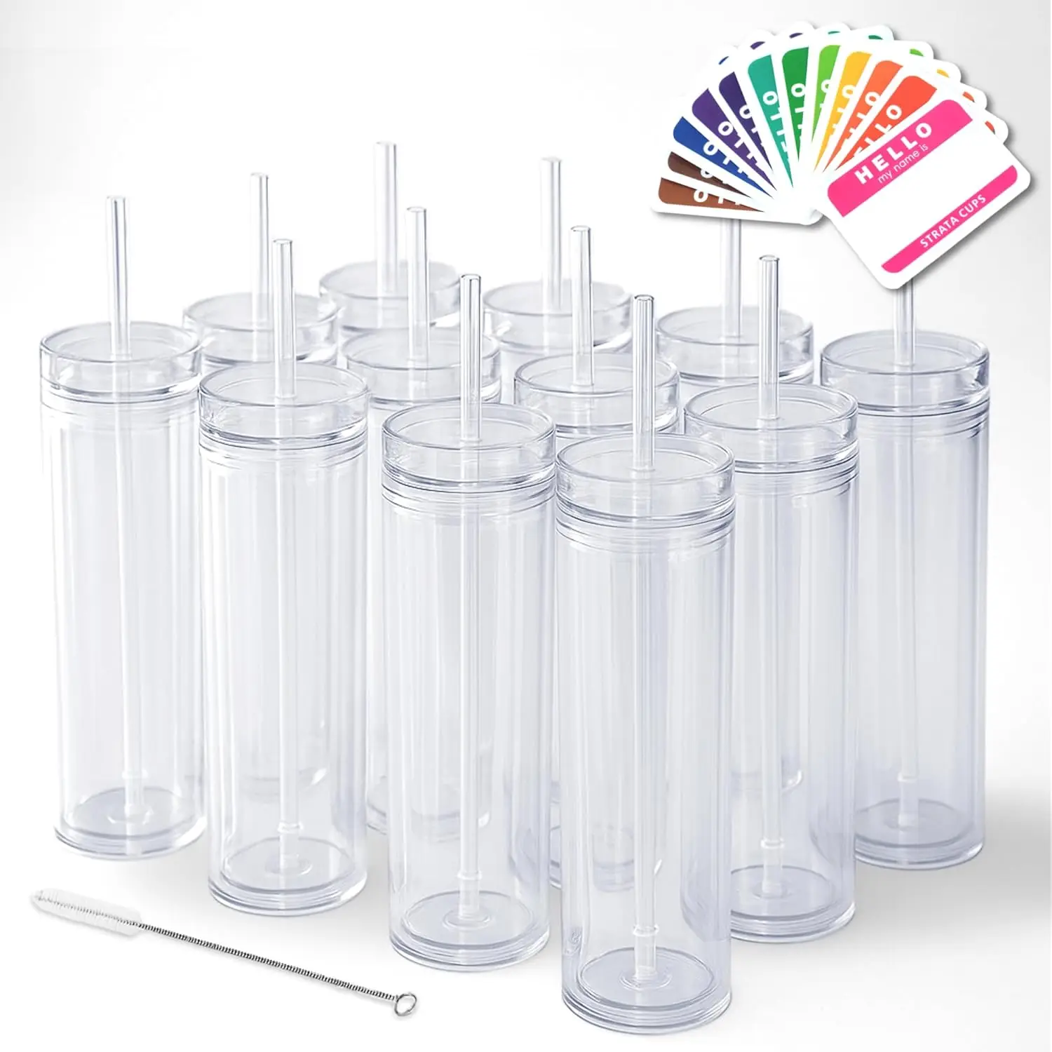 

Набор из 12 прозрачных акриловых стаканов с двойными стенками, крышками и трубочками, 16 унций, многоразовые, герметичные, без BPA