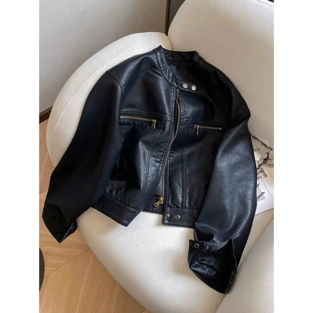 

Fashionable Short Biker Leather Jacket Women's Spring Autumn New Style Hong Kong Style Loose Fit Stand Collar Coat