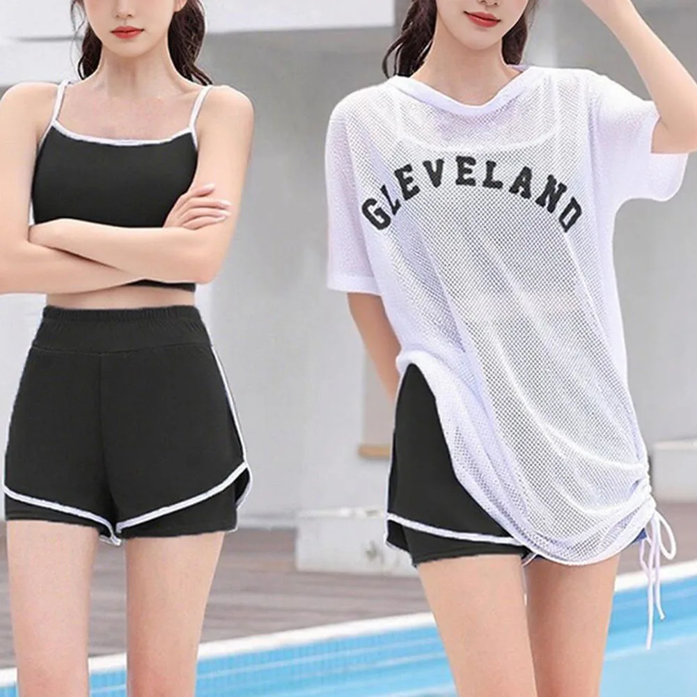 Loose-Fit Three-Piece Swimsuit Set for Women Featuring Sunscreen Protection Top Vest and Shorts for Resort and Beach