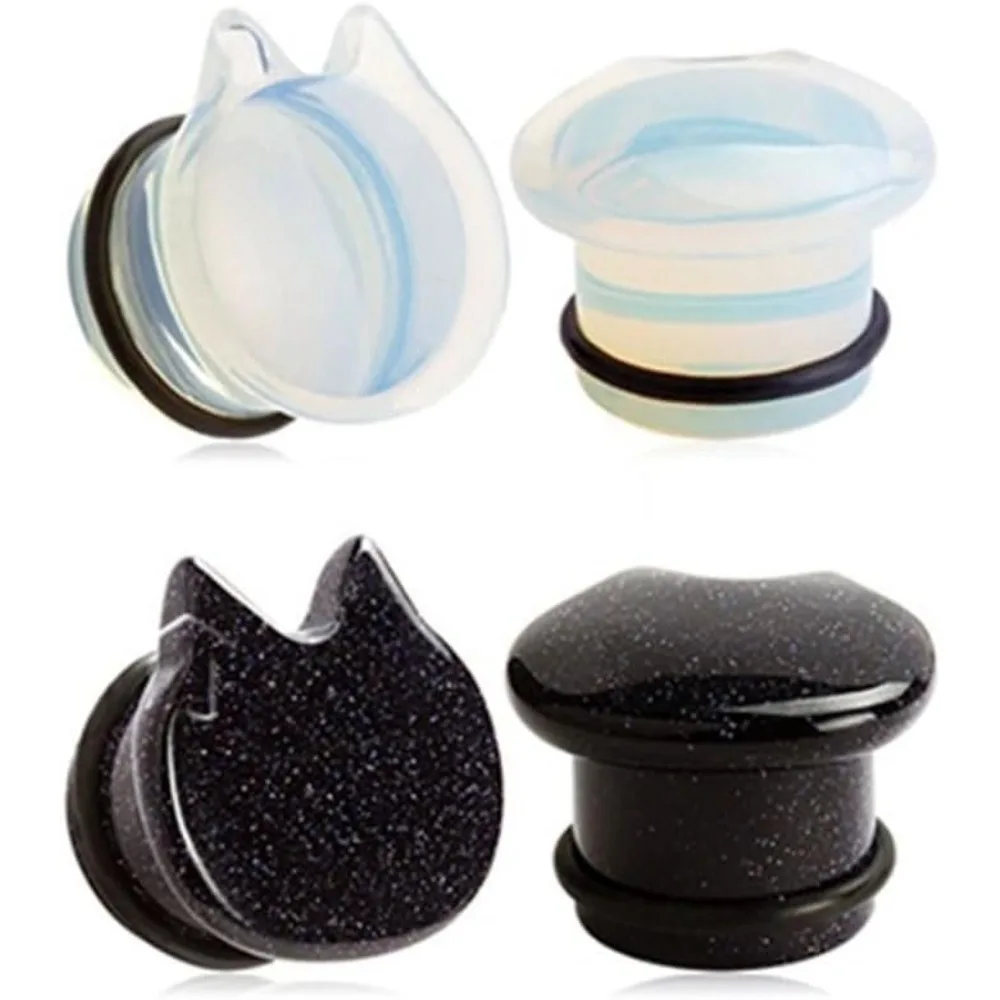 1/2 Paar Katzenkopf-Ohrgeschosse aus Opalit/künstlichem blauem Stein – Tunnel, Plugs, Stretchers, Expander für Körperpiercing, 2g-5/8 Zoll – Detail 1