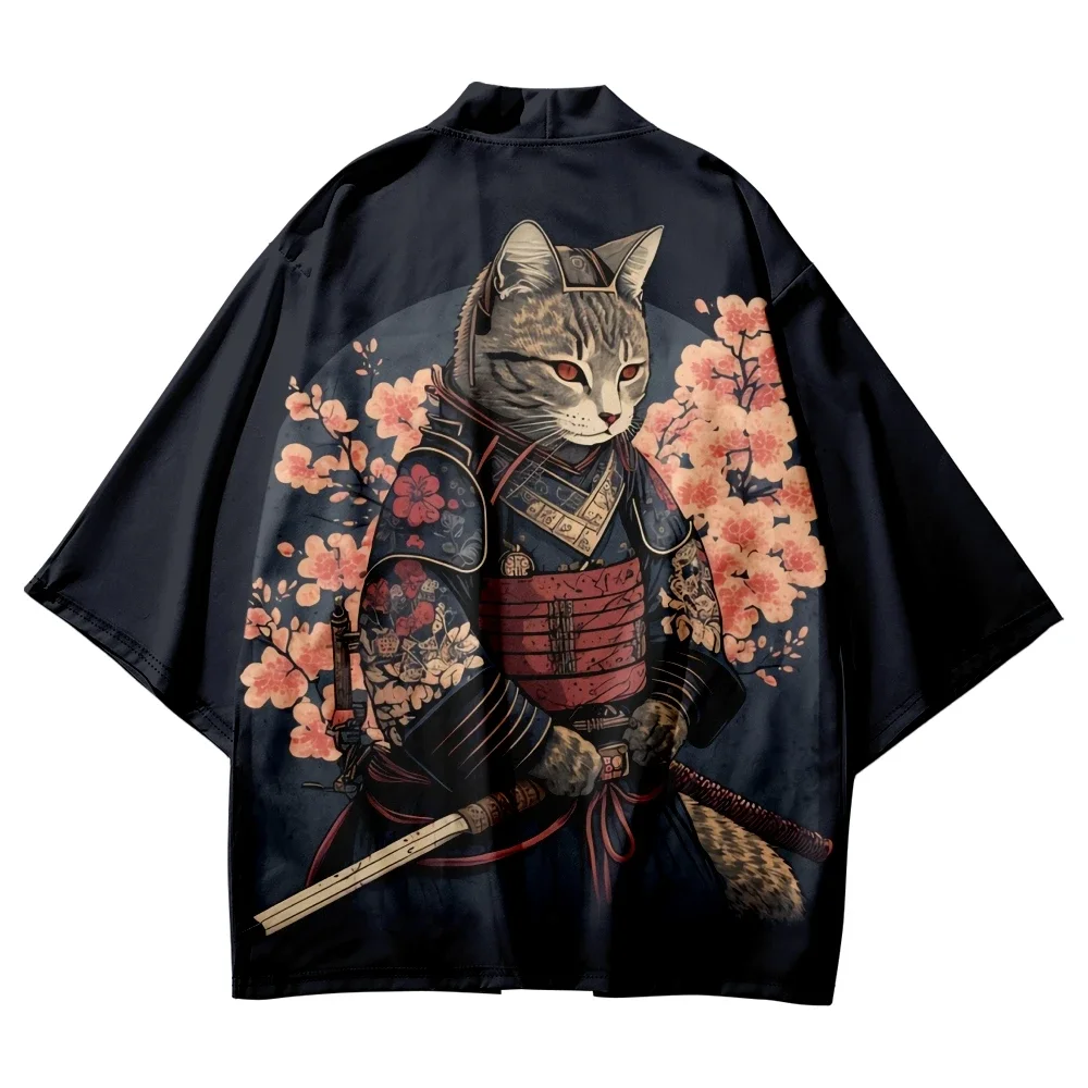 Japanse Sakura Cat Samurai bedrukte kimono voor mannen en vrouwen, Haori vest, traditioneel kostuum, losse mantel met korte mouwen, S-3XL - afbeelding 1