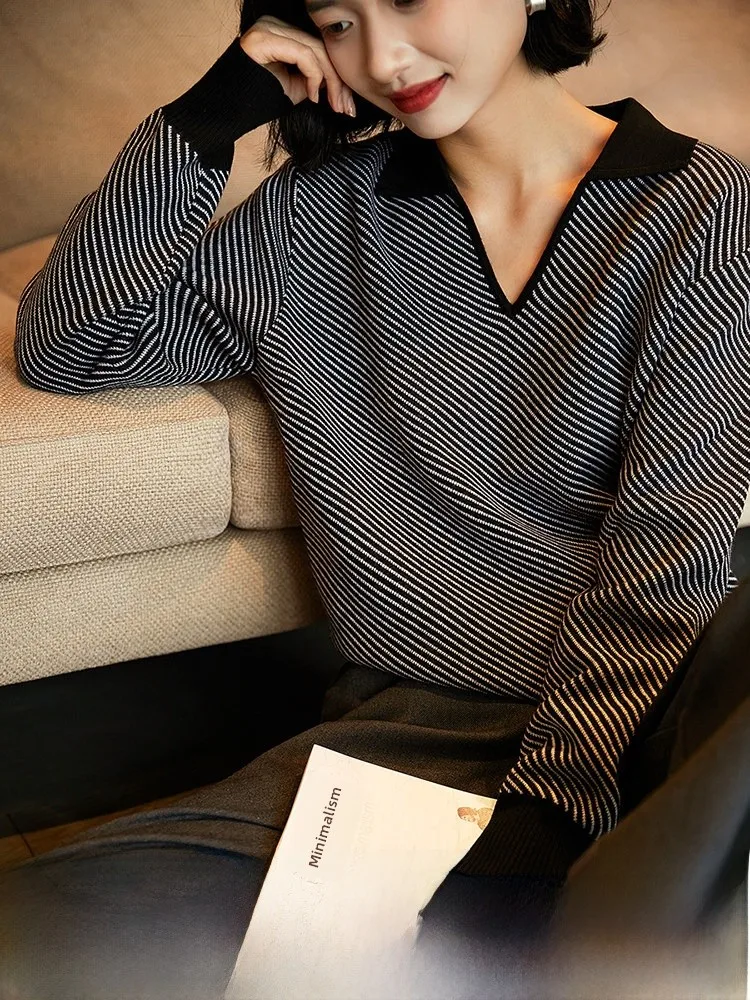 

Xhange Casual Vintage Sweater Women's Woolen Collar Knitted Wear Straight Tube Long Sve Winter Faion Girl's Camere