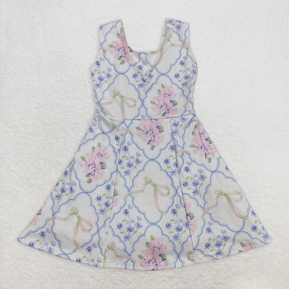 

Спортивные платья для маленьких девочек, розовое платье без рукавов с цветочным бантом, голубая детская одежда, платье с цветочным принтом для девочек
