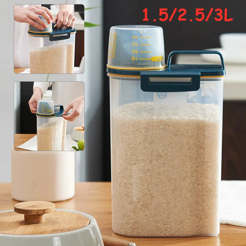 1.5/2.5/3L Kitchen Food Pail Plastic Storage Tank With Measuring Cup Container Moisture-proof Sealed Jar Pet Supplies Accessory