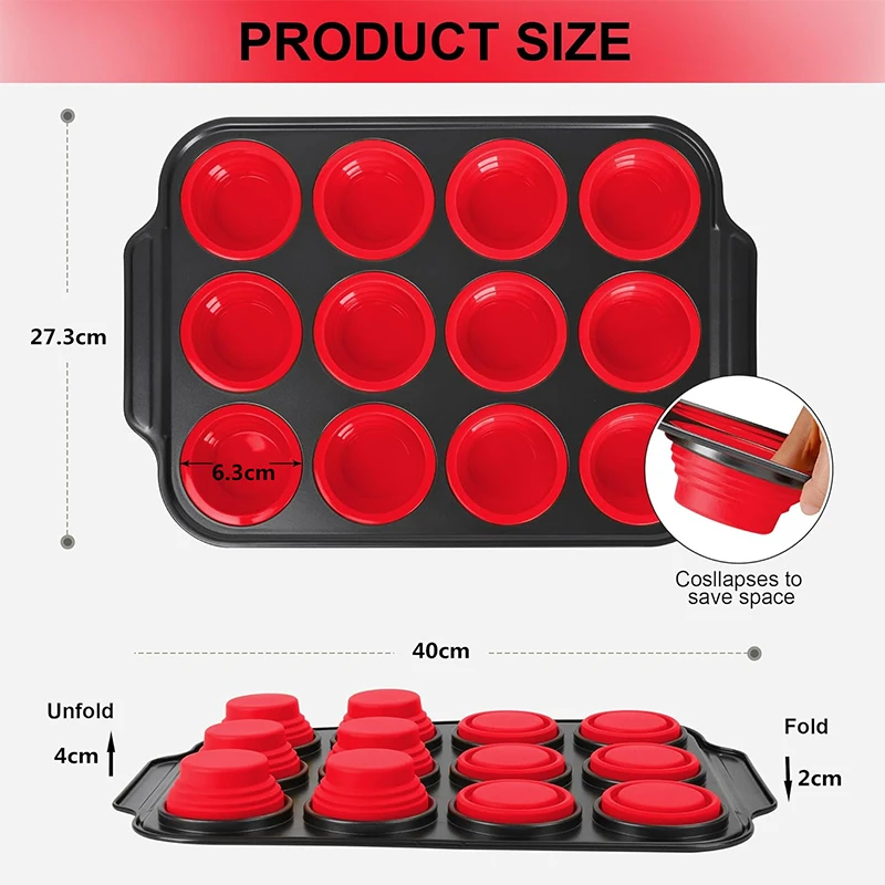 LMETJMA Collapsible Silicone Muffin Pan 12 Cups Egg Bites Cupcake Pan with Metal Frame Nonstick Muffin Tray Muffin Tins JT372