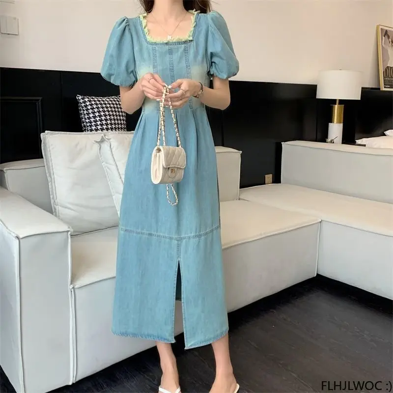 Robe en jean à col carré pour femme, robe longue bleue, jean en coton, style rétro, vintage, pompon, doux, décontracté, doux, coréen, chic, filles