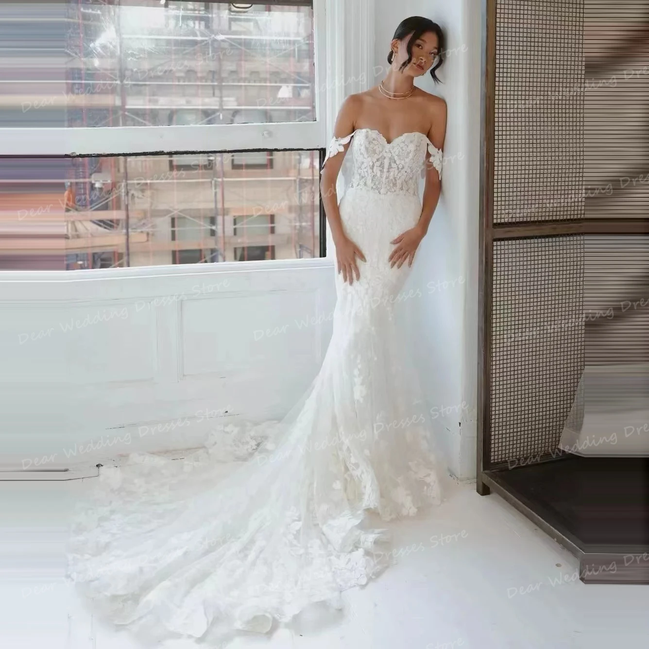 

Женское свадебное платье с юбкой годе, элегантное платье с аппликацией со шлейфом, без рукавов, с открытыми плечами, элегантное платье принцессы, модель 2024