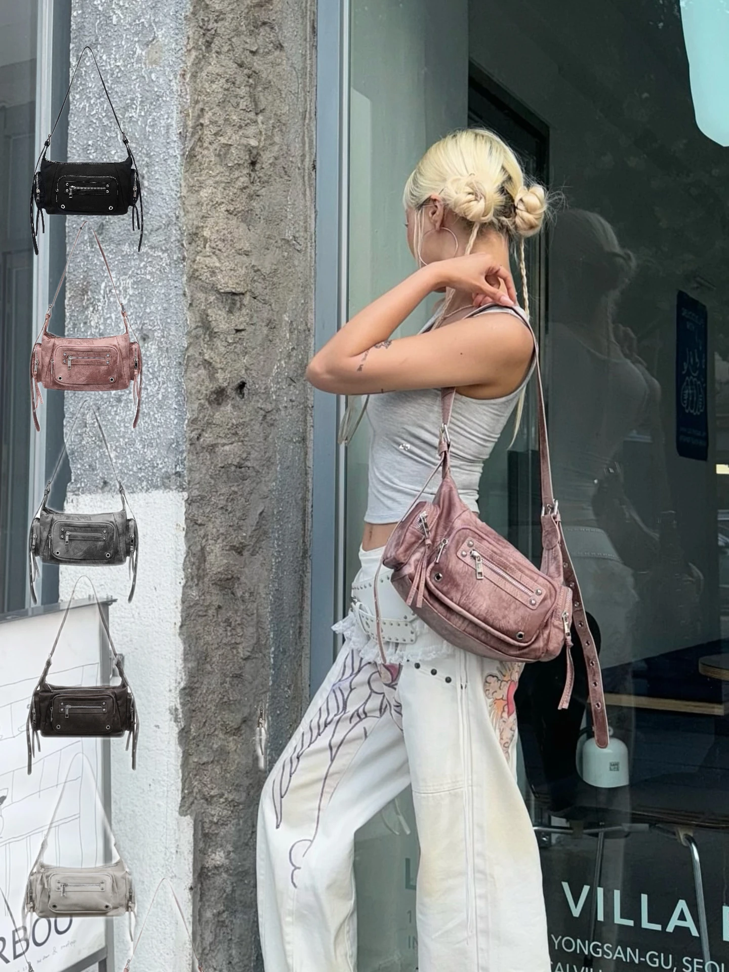 cool-trendy-black-purple-motorcycle-bag-rivet-shoulder-crossbody-bag-women's-handbag-removable-strap-soft-polyester