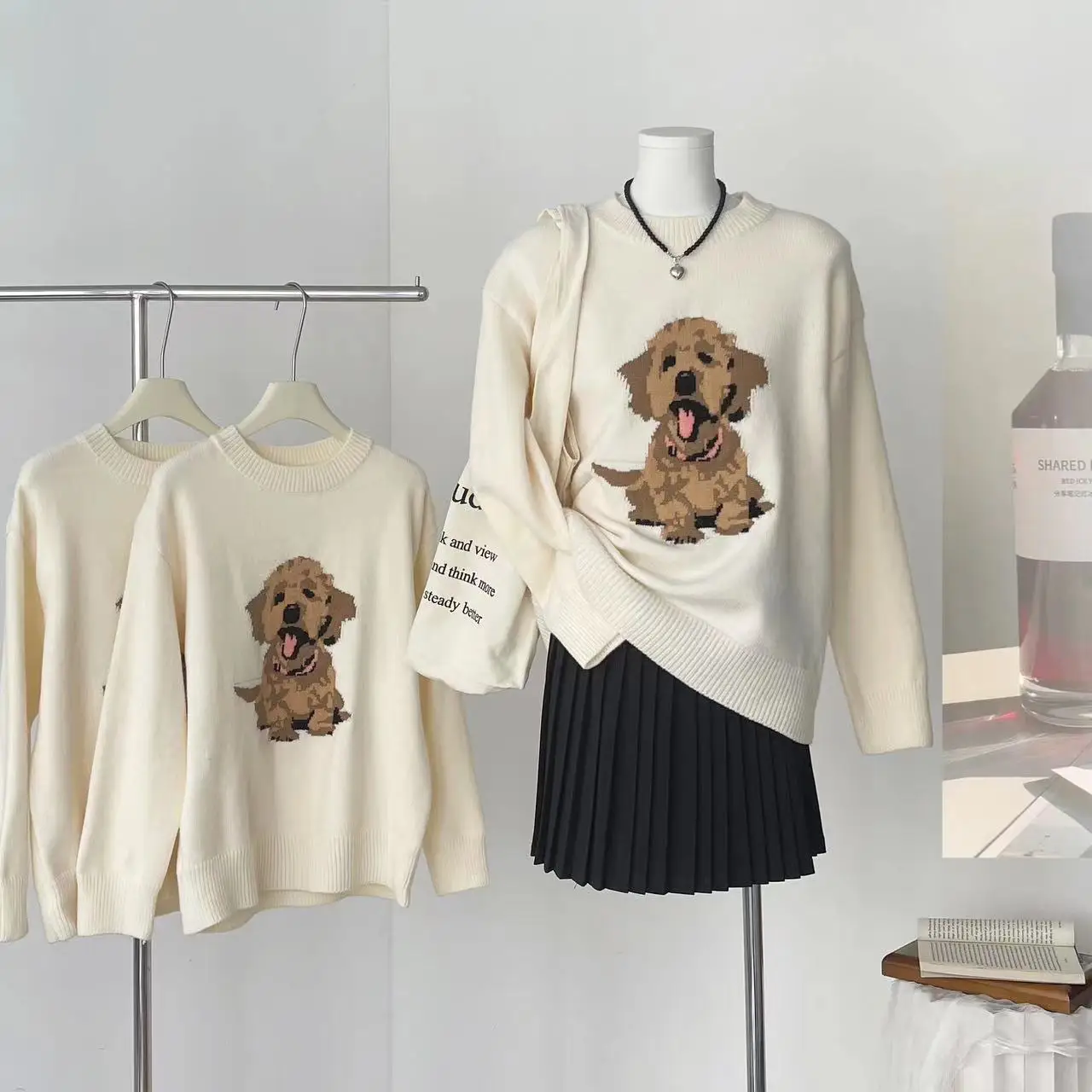 Women's Beige Dog Winter Sweater O-Neck Long Sleeve Y2K Academy High Street Cute Retro 90s Warm 2000s Top Sweater 2024 Clothing