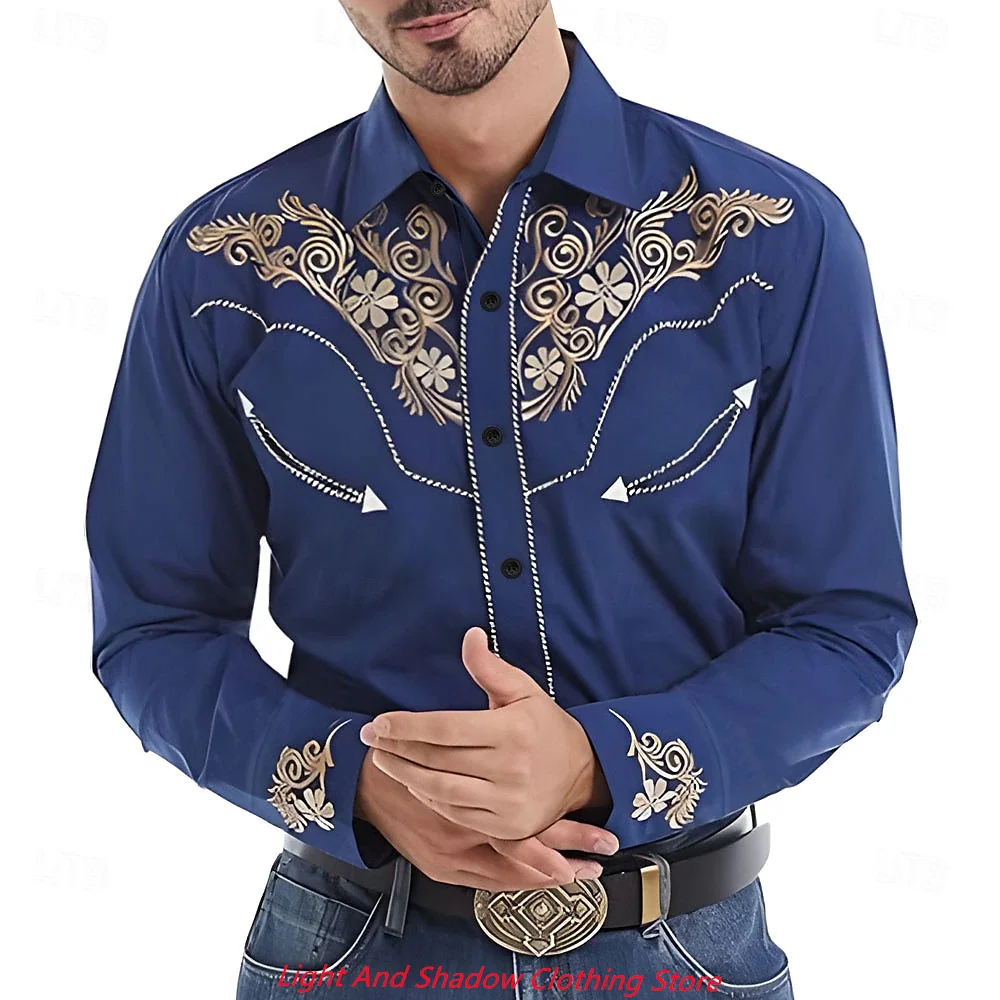 2025 Men's Flower Pattern Western Printed Shirt Cowboy Shirt Long Sleeve Casual Collar Button Men's Clothing XS-6XL