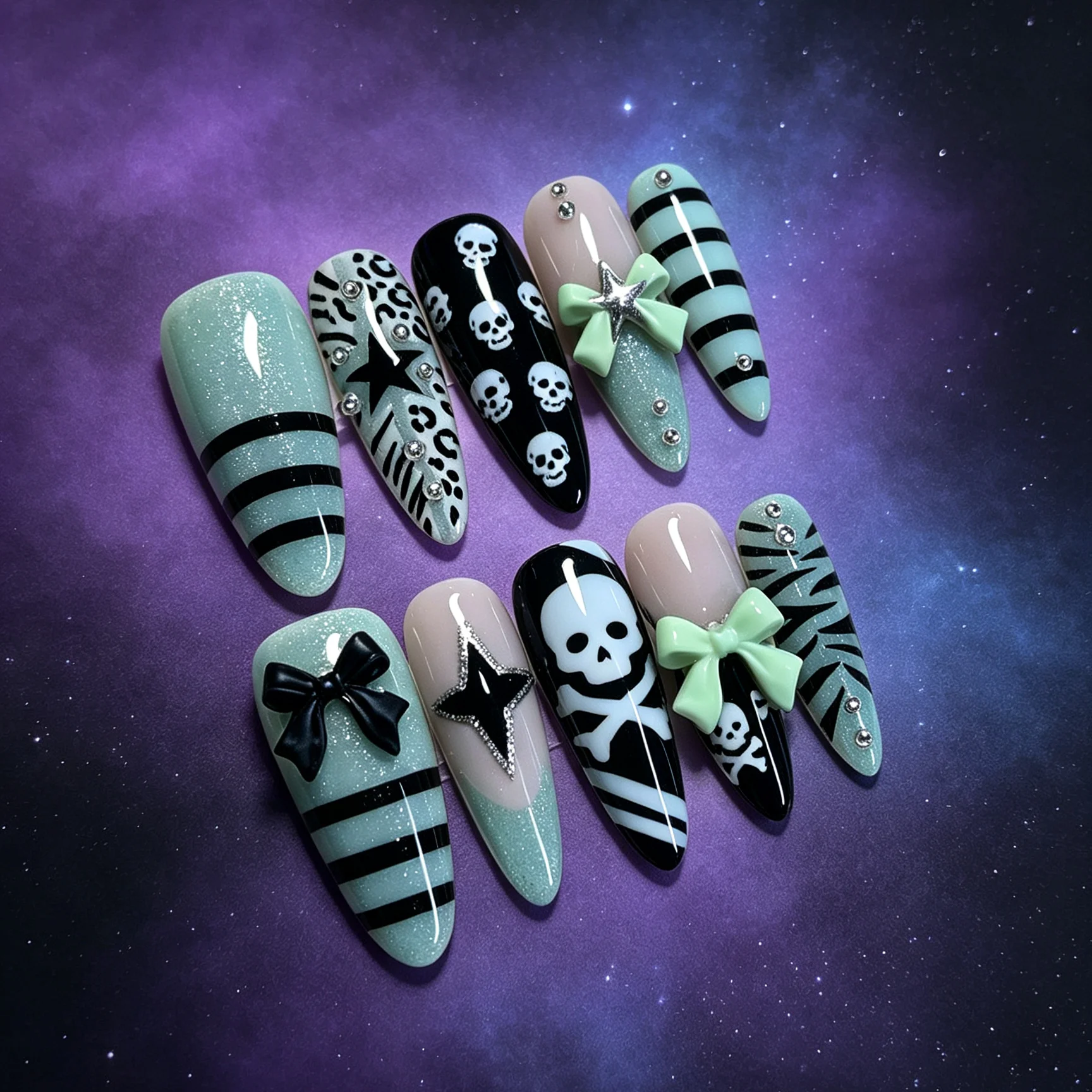 10 handgefertigte, tropfenförmige Kunstnägel, schöne künstliche Nägel, Halloween-Totenkopf-Design in Blau und Schwarz, geeignet für Frauen. – Detail 1