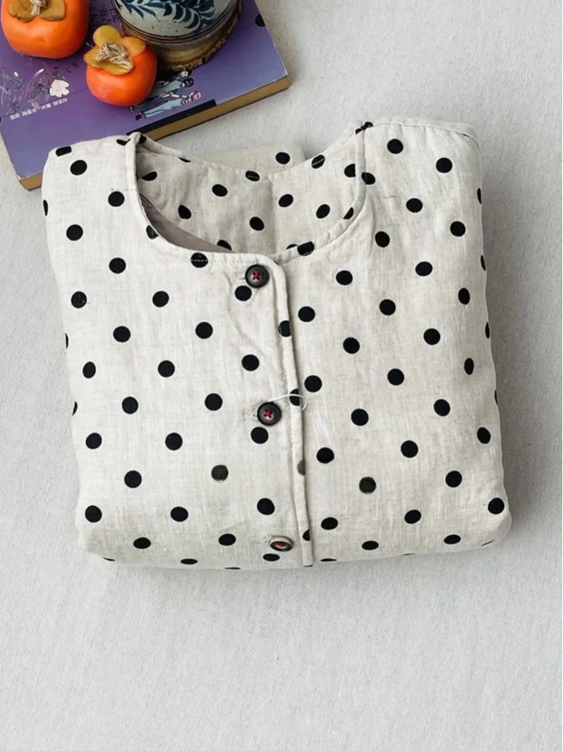 Thickened Cotton Linen Jacket Women's Winter Coat round Neck Retro Style Warm Cotton Clothes Artistic Polka Dot Design