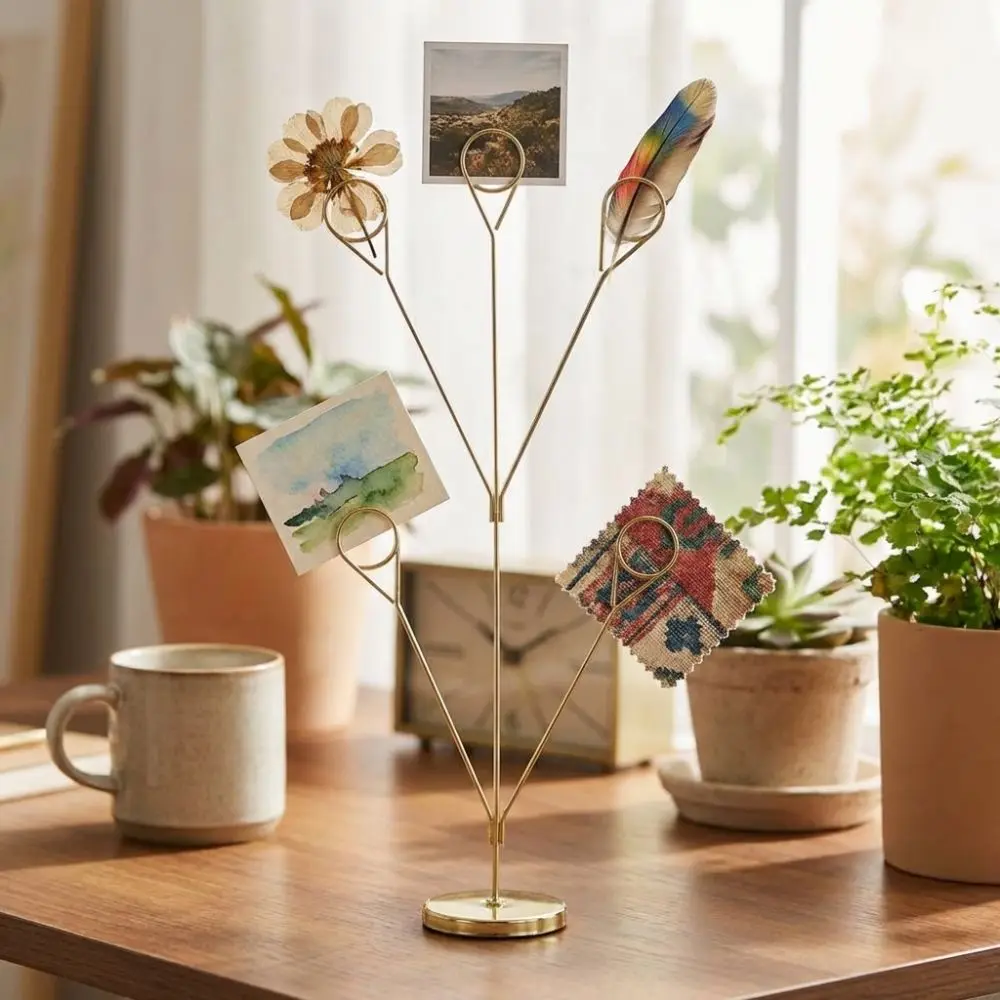 Stylish 5-Branch Photo Holder Metal Round Base Metal Seat Clamp Romantic Picture Holder Display Stand Valentine Day