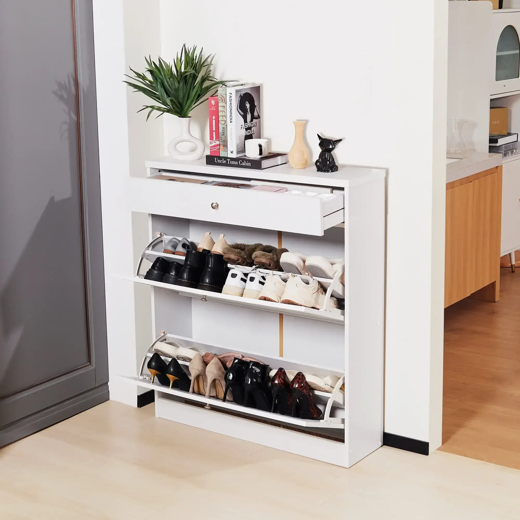 Shoe Cabinet with 2 Flip Drawers, White Shoe Storage Cabinet for Entryway Hallway