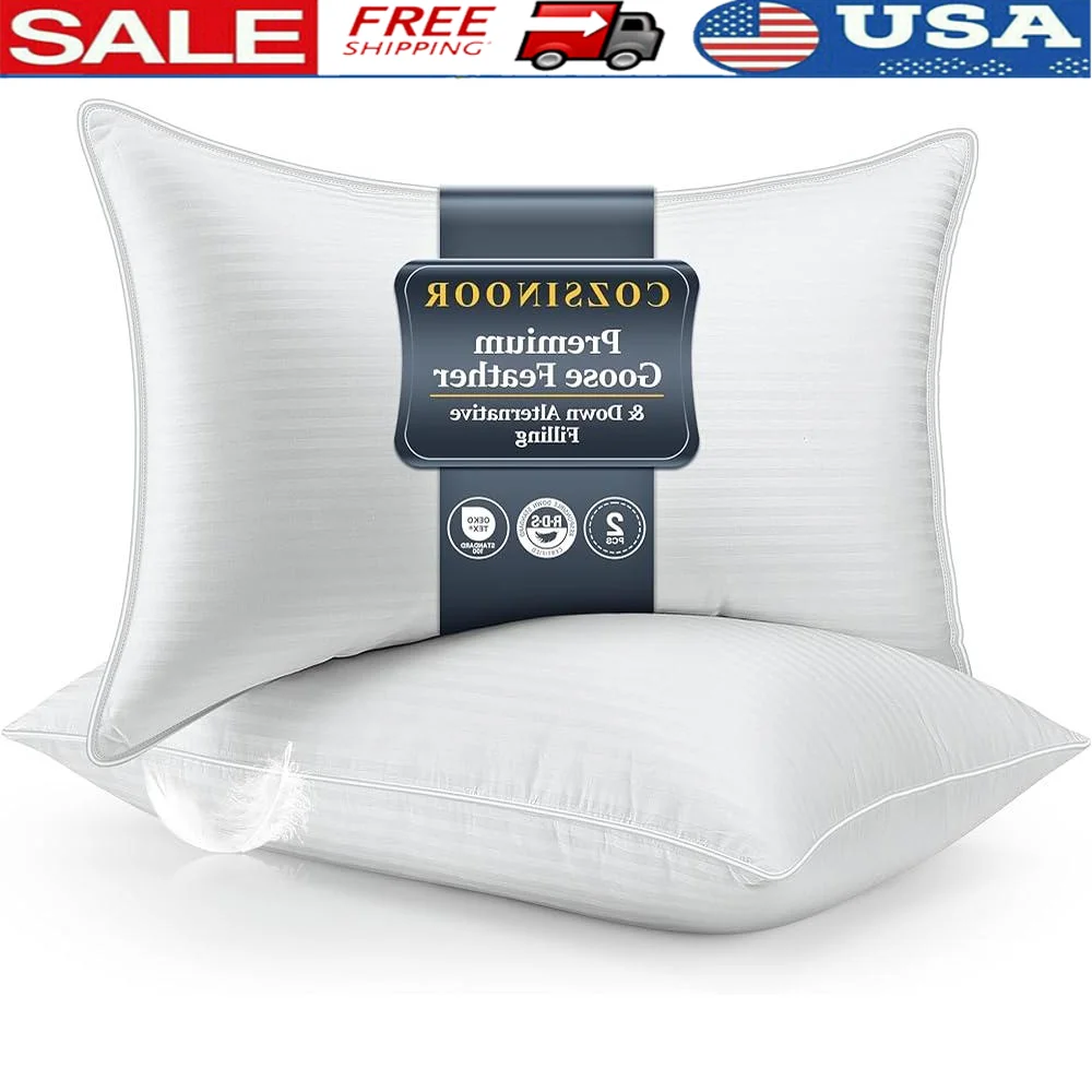 Premium Goose Feather Pillows Set of 2 Soft Supportive Bed Pillows Plush Comfort Back Side Stomach Sleepers