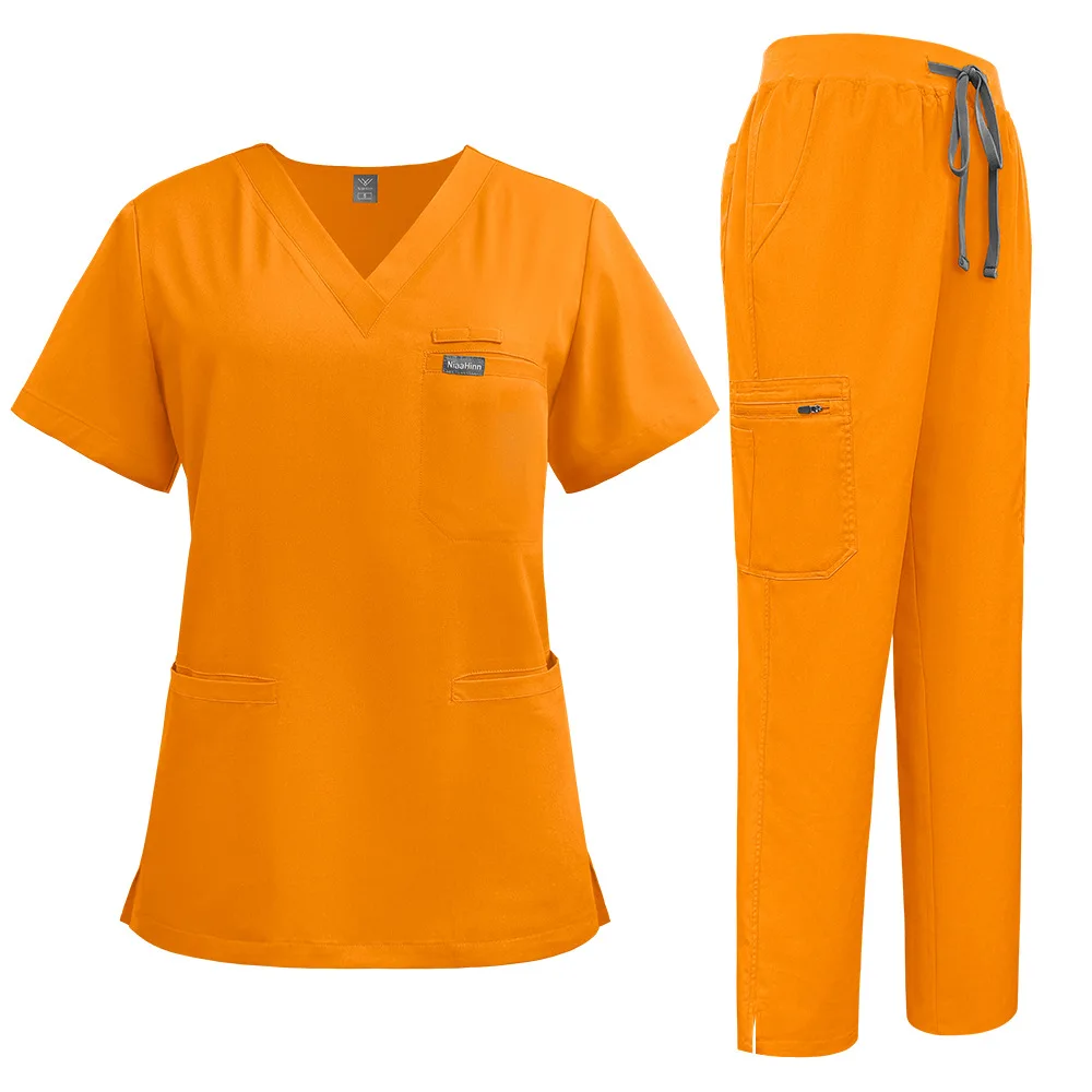Unisex Medical Scrubs Set V Neck Pocket Top Elastic Drawstring Straight Pants Cargo Pocket Nurse Workwear Surgical Uniform