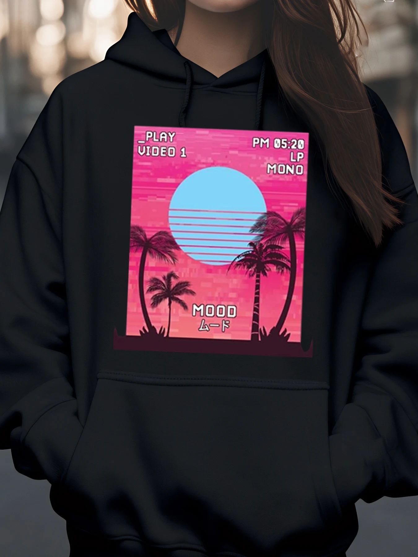 

Толстовка с графическим принтом в стиле ретро Palm Sunset Mood для женщин, повседневная уличная одежда, модный наряд, летний стиль