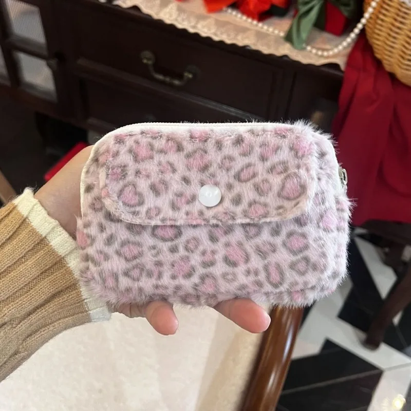 Cute Sweet Pink Leopard Plush Storage Bag Large Capacity Portable Coin Purse Card Holder for Girls