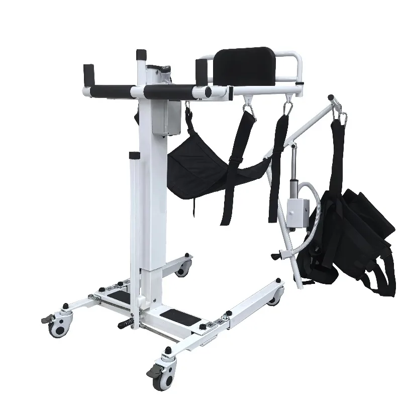 Patient transfer lift toilet seat with adjustable height harness and removable suspension kit