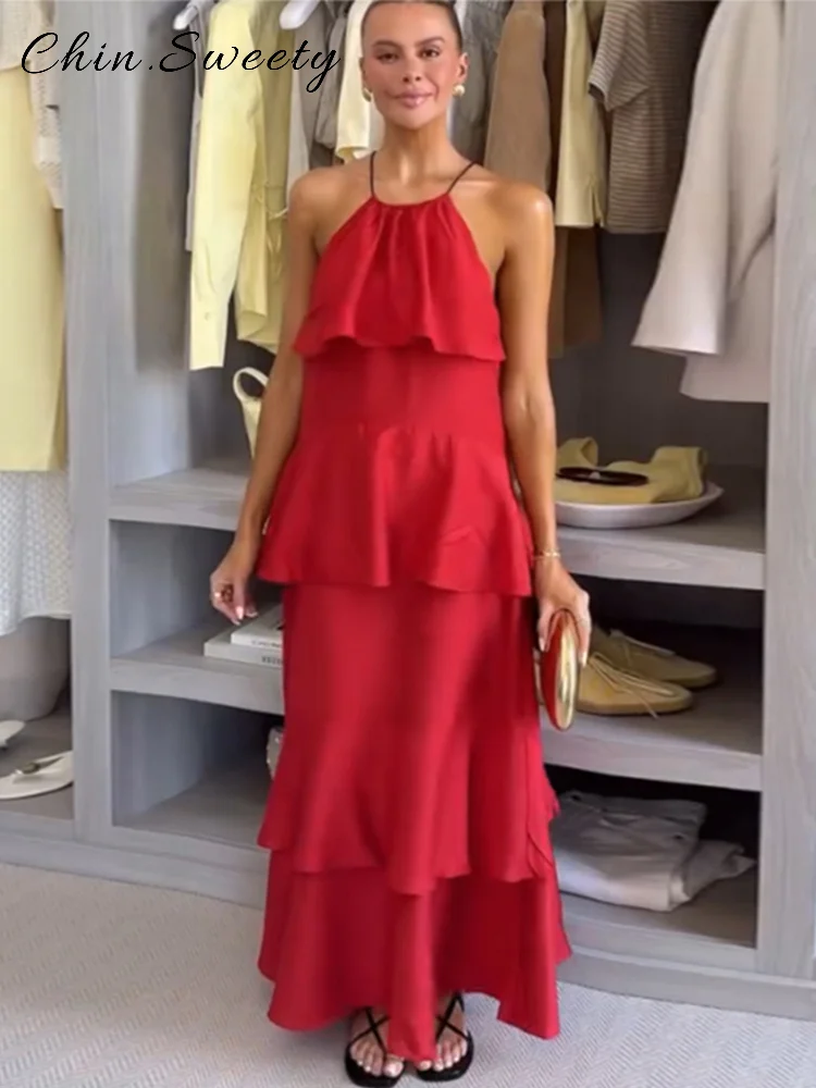 Elegante halter em camadas plissado vestido longo feminino sólido solto sem mangas rendas até vestidos 2025 verão senhora praia férias roupas