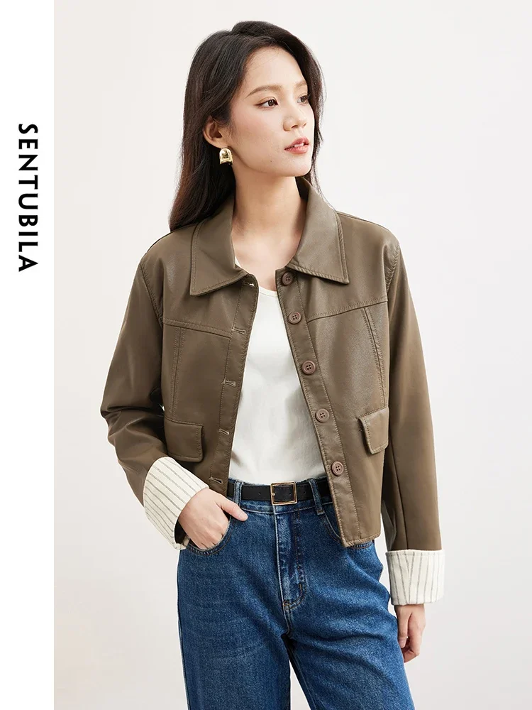 

SENTUBILA Coffee Short Women's Pu Leather Coat Lapel Cropped Bomber Jacket 2024 Spring Straight Long Sleeve Outerwear W43G57372X