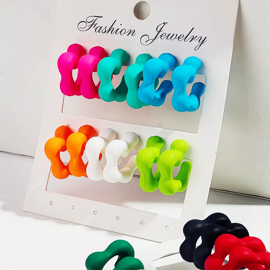 6 Pairs/set Cute Colorful Acrylic Matte Geometric C-Shape Earrings Set for Women Girls Lovely Heart Earrings Fashion Jewelry