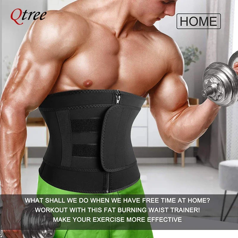 Qtree Belly Control Slimming Neoprene Belt Men Waist Trainer Workout Fitness Sauna Strap Weight Loss Zipper Sweat Corset Trimmer