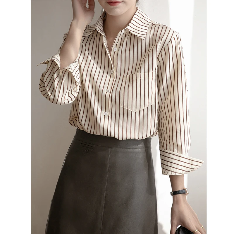 

Shirt Womens Tops Spring 2024 New Office Lady Korea French Style Casual Long Sleeve Striped Loose Women Shirts