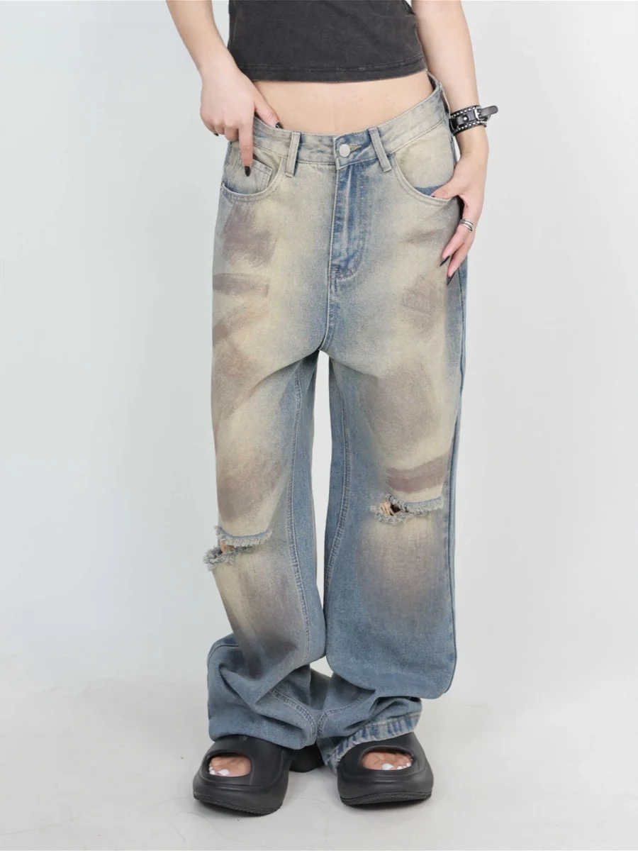 

Ретро-джинсы в американском стиле, свободного прямого кроя, с эффектом потертости, синие, из денима, с дырками, на молнии, с завышенной талией