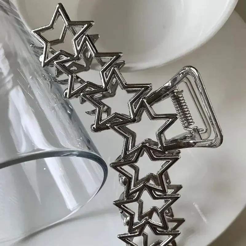 Women\'s Fashion High End Metal Star Silver Large Grab Hair Clip Minimalist Design Back Spoon Grab Hair Clip Shark Clip 2024